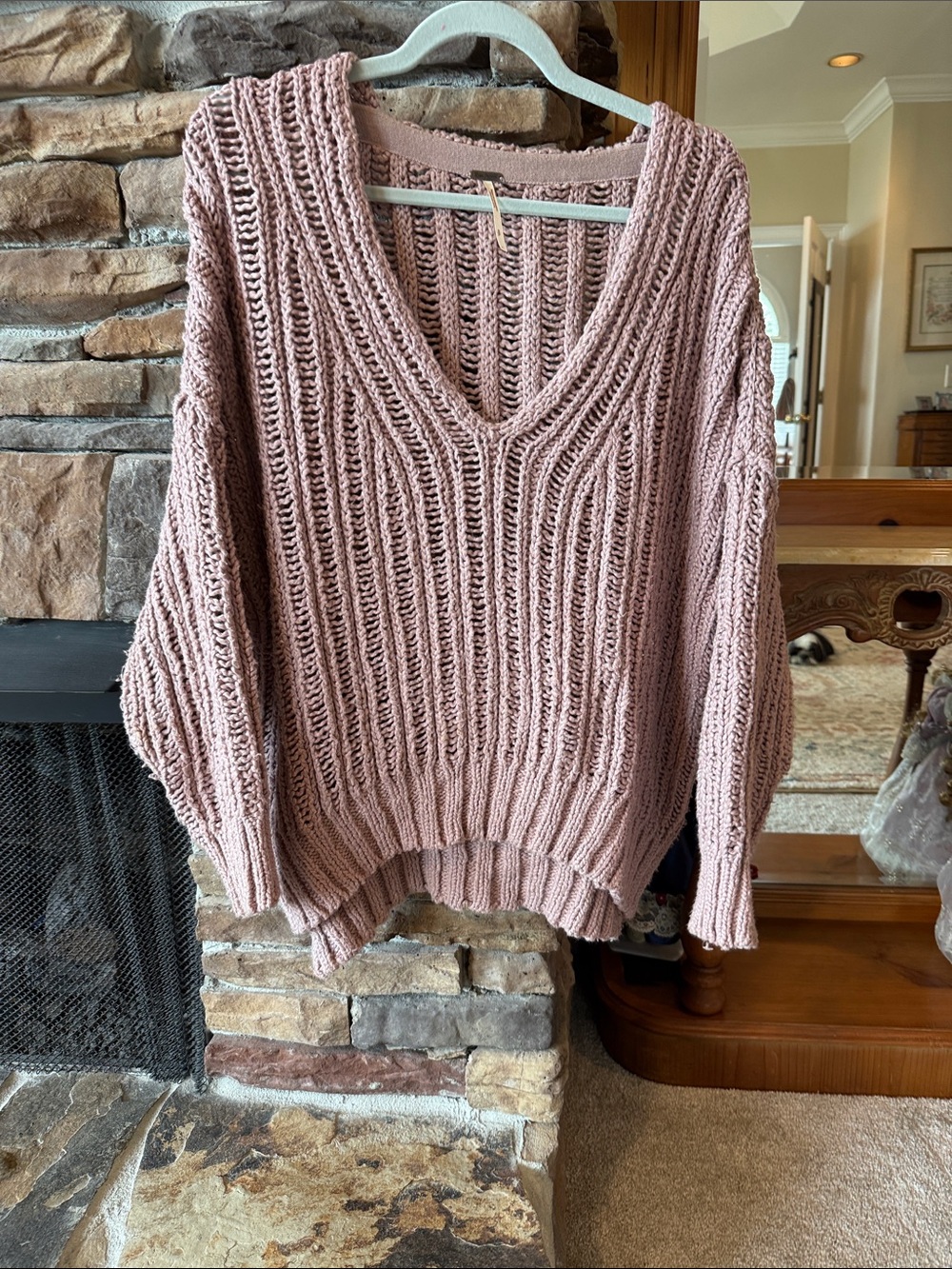 Free People Oversized Open-Knit V-Neck Sweater in Dusty Rose